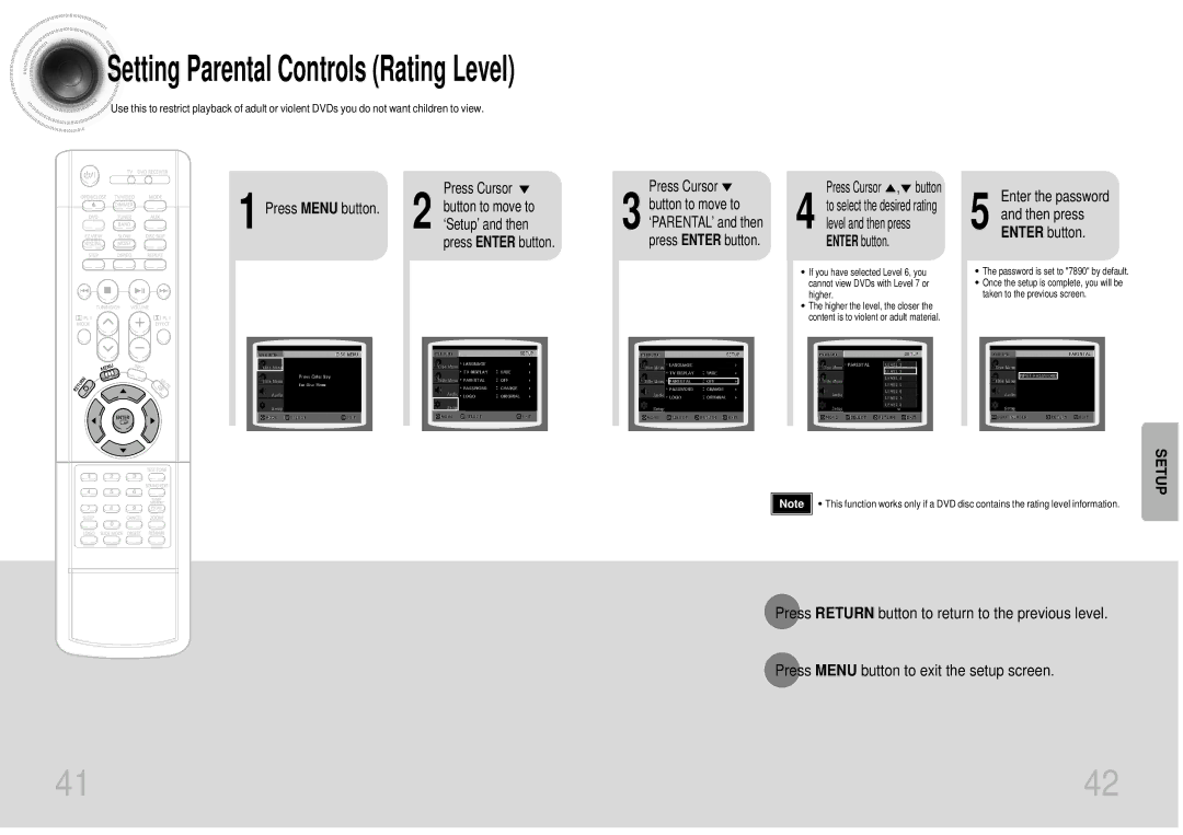 Samsung AH68-01287S, DB600-SECAGB Setting Parental Controls Rating Level, Enter the password Then press Enter button 