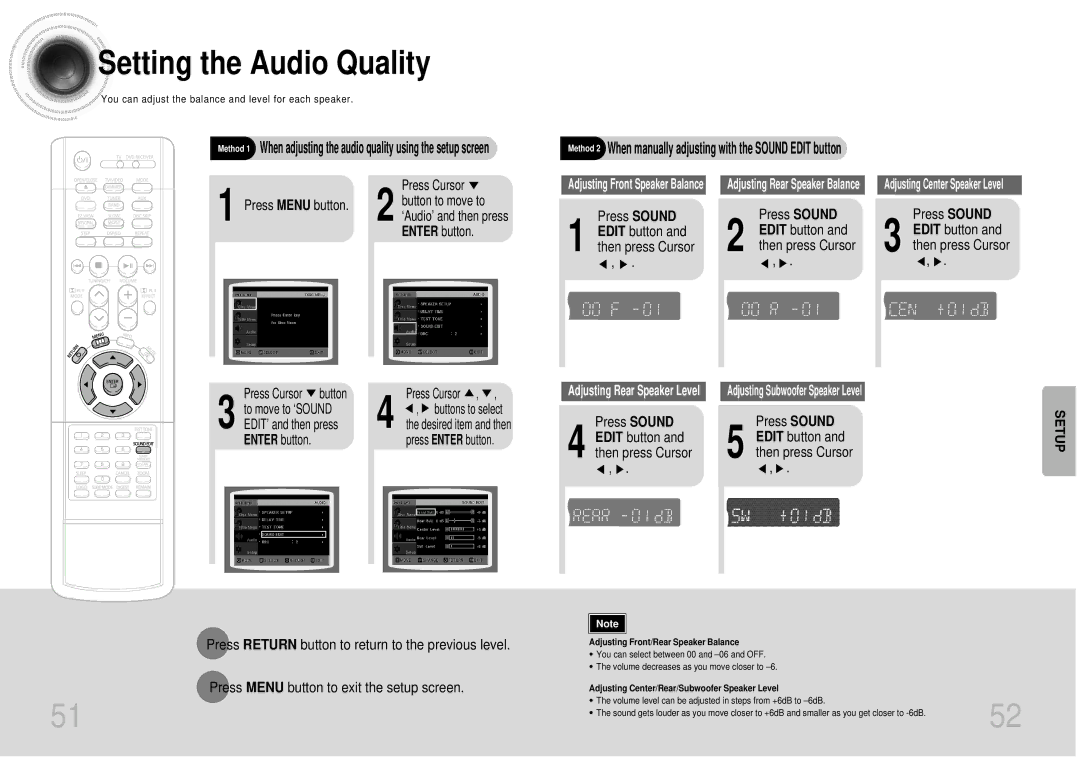 Samsung DB600-SECAGB, AH68-01287S Setting the Audio Quality, Press Sound Edit button and then press Cursor 