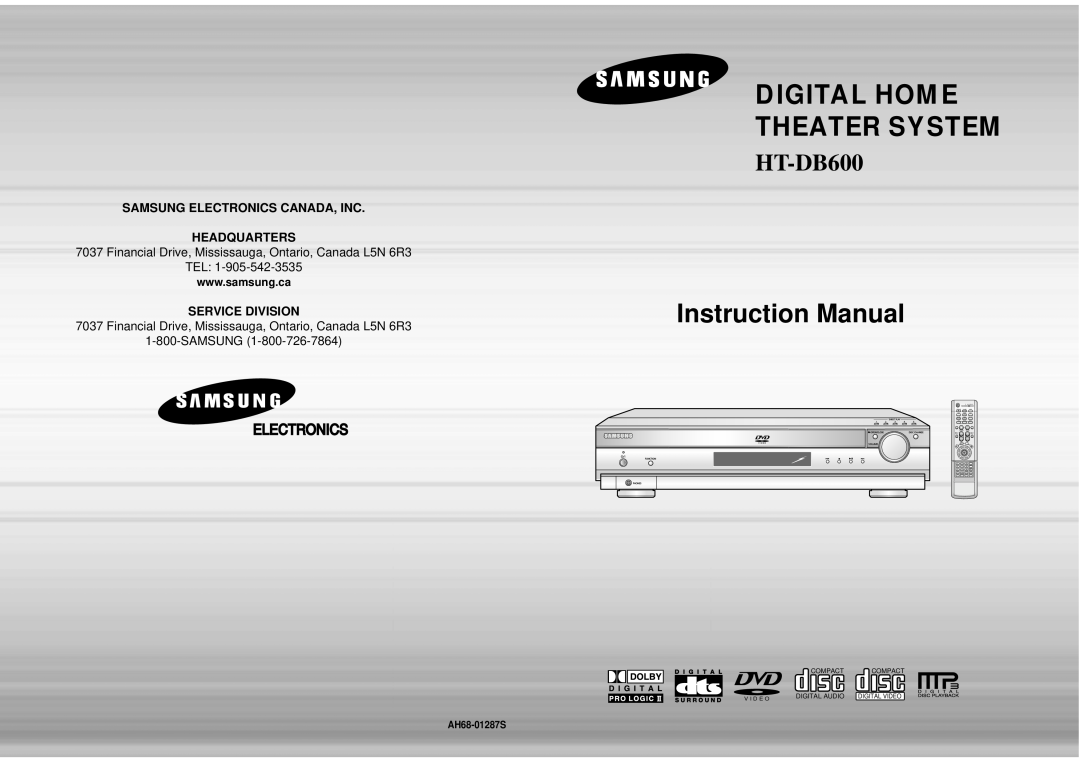 Samsung AH68-01287S instruction manual Samsung Electronics Canada, Inc Headquarters, Tel, Service Division, HT-DB600 