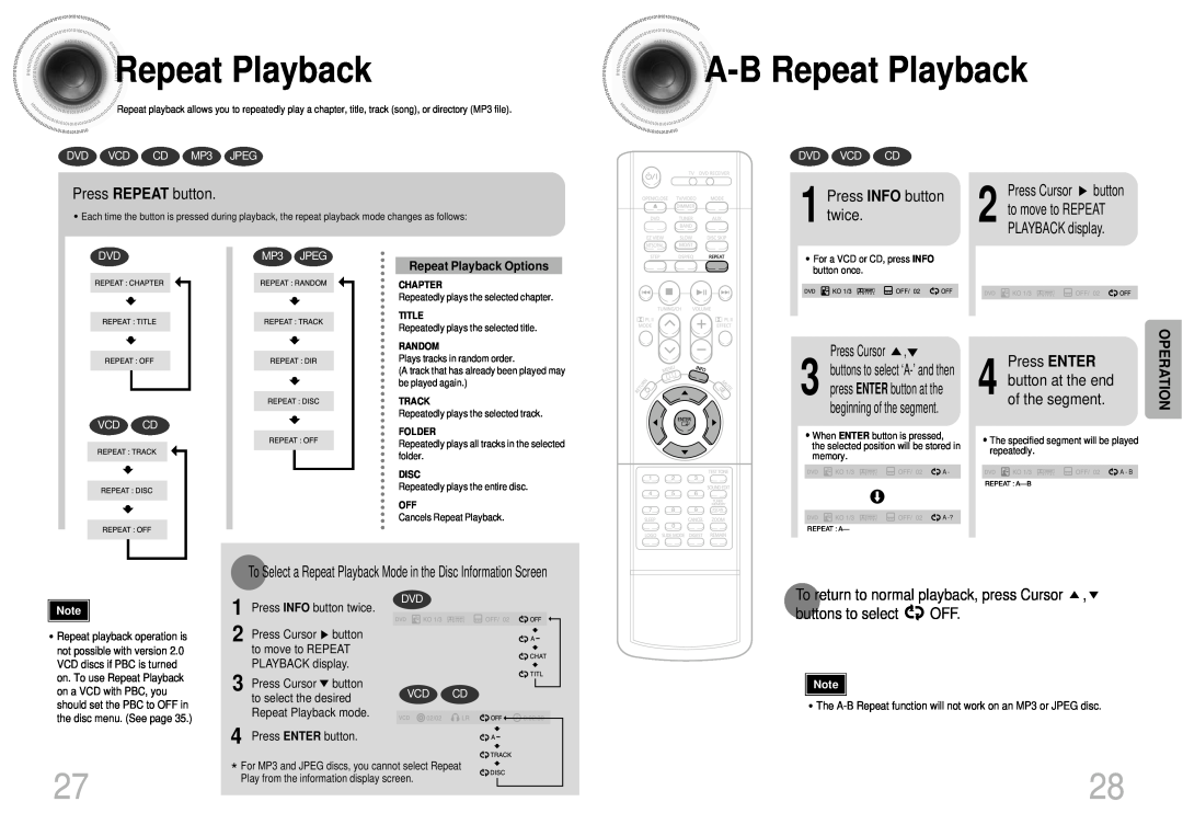 Samsung DB600-SECAGB RepeatPlayback, A -BRepeat Playback, Press REPEAT button, Press INFO button twice, Operation 