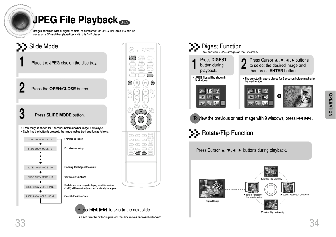 Samsung DB600-SECAGB, AH68-01287S JPEG File Playback JPEG, Slide Mode, Digest Function, Rotate/Flip Function, Operation 