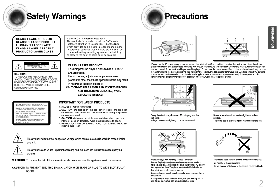 Samsung 20041112090049937, DB600-SECAGB, AH68-01287S Safety Warnings, Precautions, Preparation, CLASS 1 LASER PRODUCT 