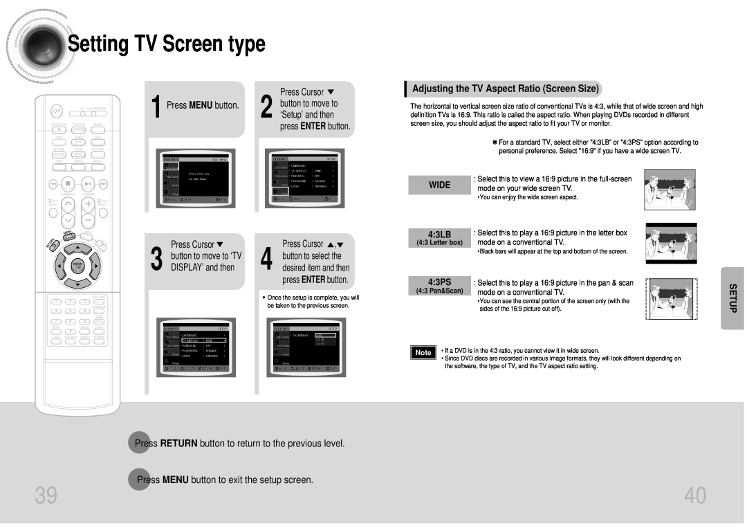 Samsung DB600-SECAGB Setting TV Screen type, Adjusting the TV Aspect Ratio Screen Size, Press MENU button, WIDE 4 3LB 