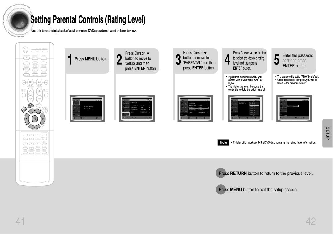Samsung AH68-01287S Setting Parental Controls Rating Level, Setup, Enter the password 5 and then press ENTER button 