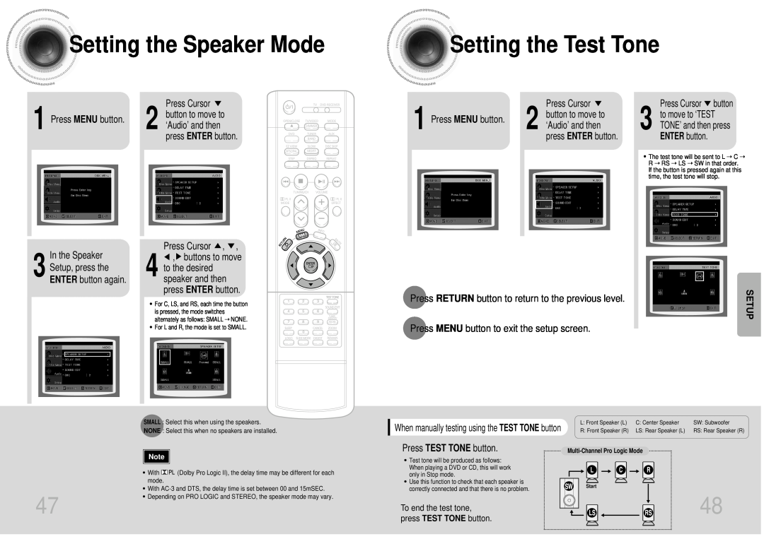 Samsung AH68-01287S Setting the Speaker Mode, Setting the Test Tone, In the Speaker, Setup, press the ENTER button again 
