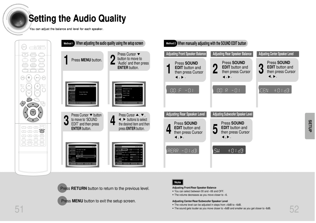 Samsung DB600-SECAGB Setting the Audio Quality, Press SOUND 1 EDIT button and then press Cursor, button to move to, Setup 