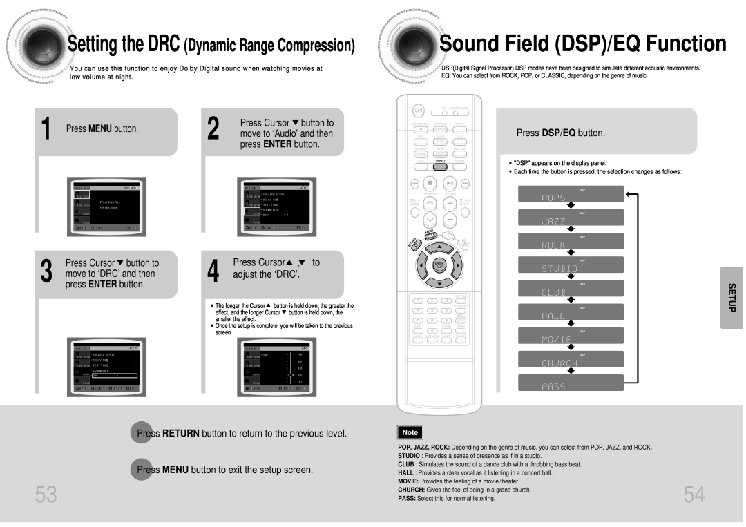 Samsung AH68-01287S, DB600-SECAGB Sound Field DSP/EQ Function, Setting the DRC Dynamic Range Compression, Setup 