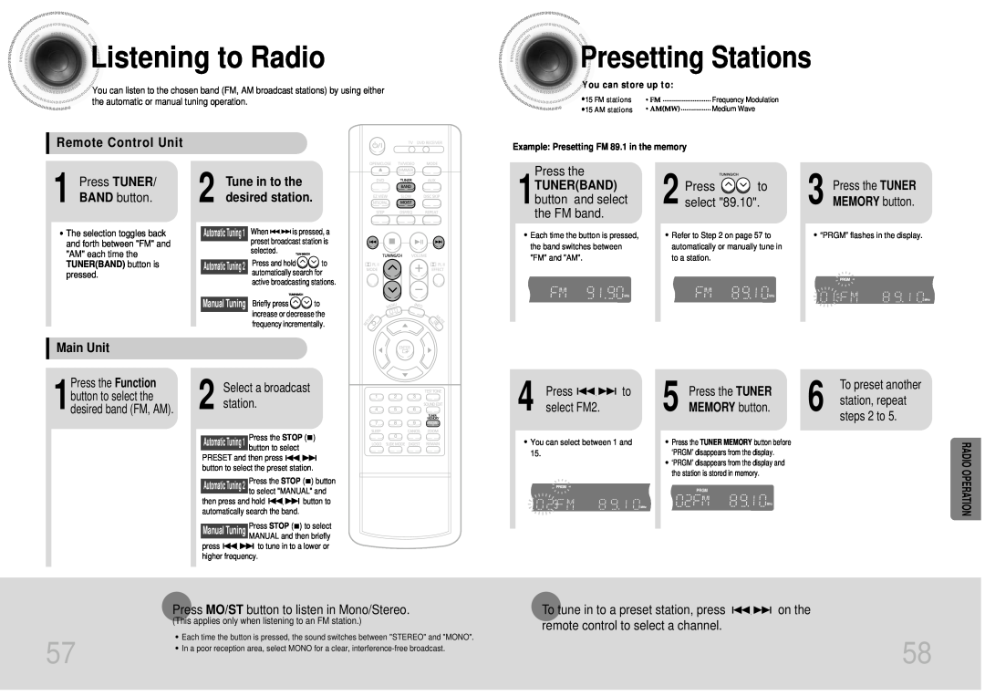 Samsung DB600-SECAGB Listening to Radio, Presetting Stations, Radio Operation, Remote Control Unit, Press the, Main Unit 