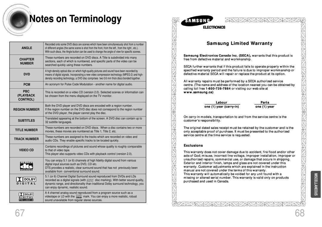 Samsung 20041112090049937 Notes on Terminology, Angle, Chapter, Region Number, Subtitles, Title Number, Track Number 