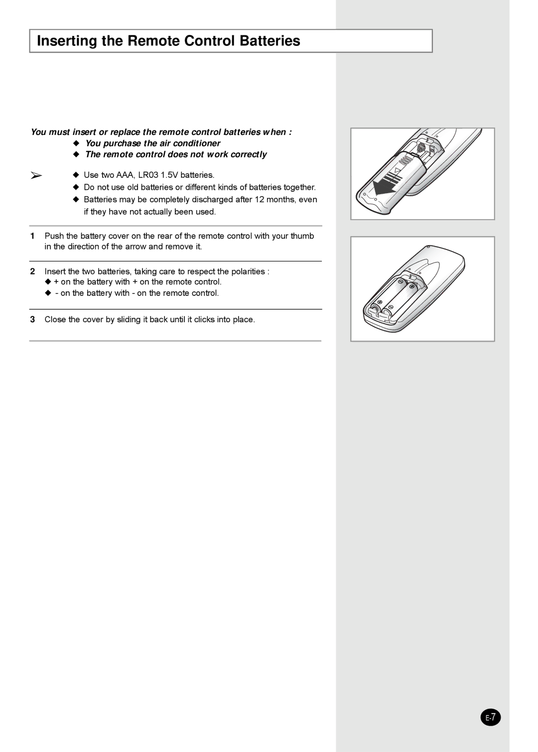 Samsung AW2402B, DB98-15114B(5) user manual Inserting the Remote Control Batteries 