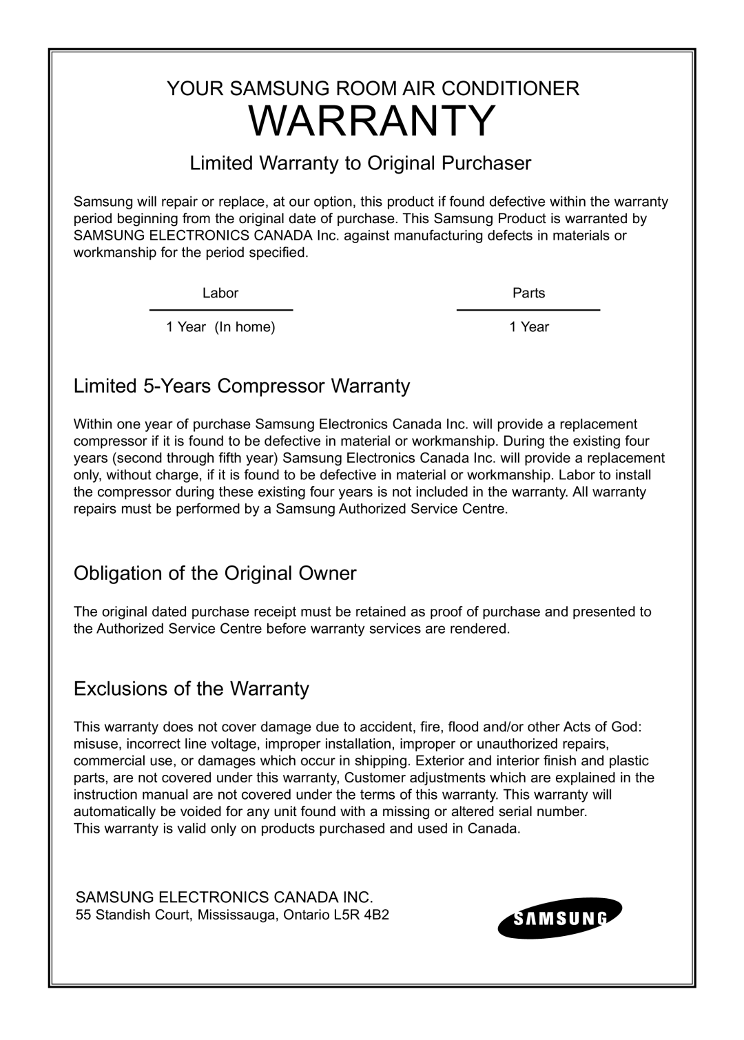 Samsung AW 050BM Limited Warranty to Original Purchaser, Limited 5-Years Compressor Warranty, Exclusions of the Warranty 