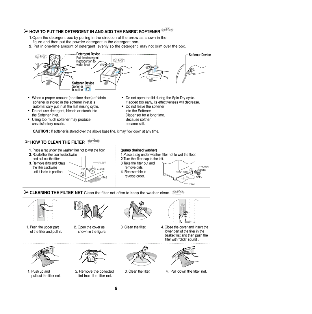 Samsung DC68-01518Q HOW to PUT the Detergent in and ADD the Fabric Softener, HOW to Clean the Filter, Detergent Device 