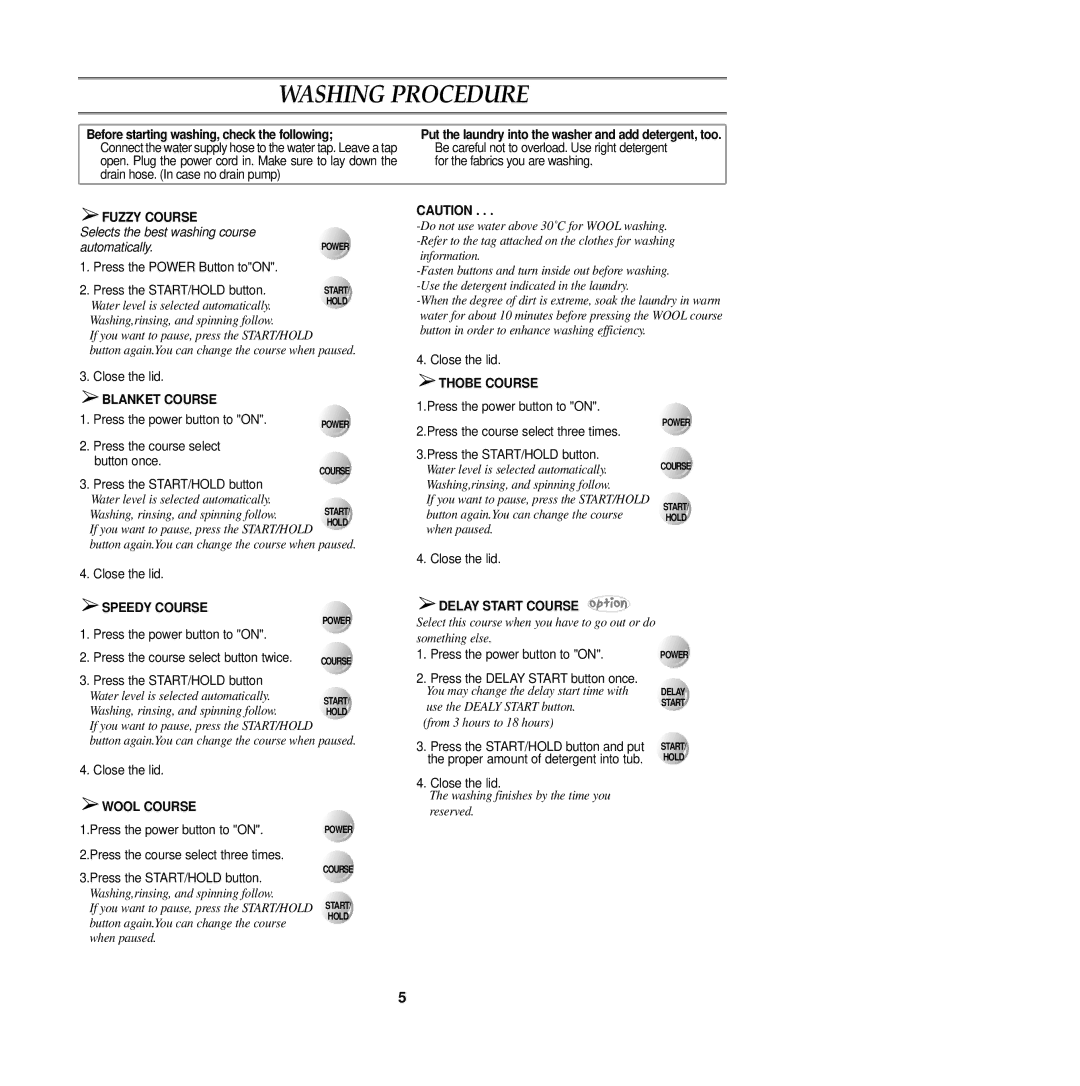 Samsung DC68-01518Q user manual Washing Procedure, Close the lid, Delay Start Course 