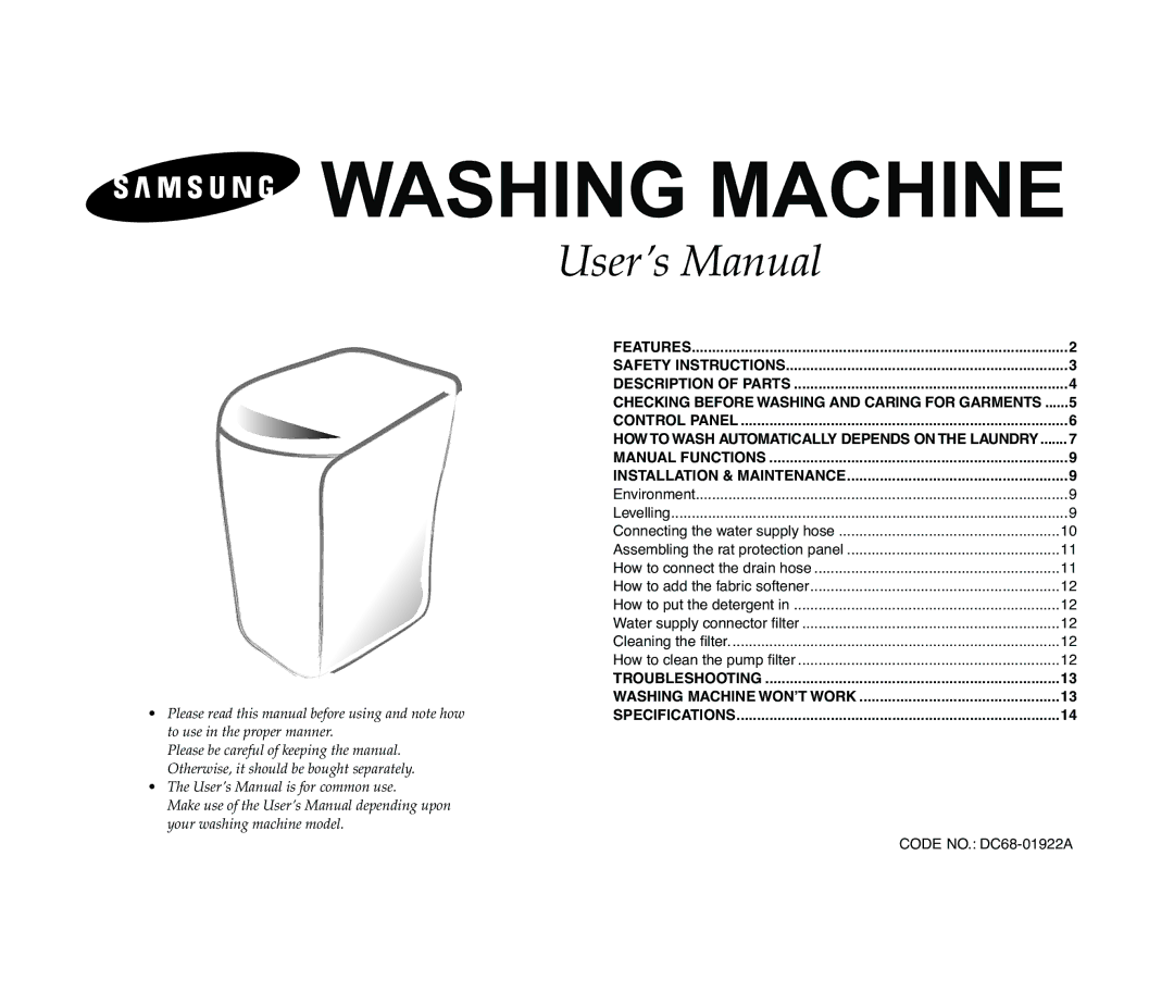 Samsung DC68-01922A user manual Washing Machine, Troubleshooting 