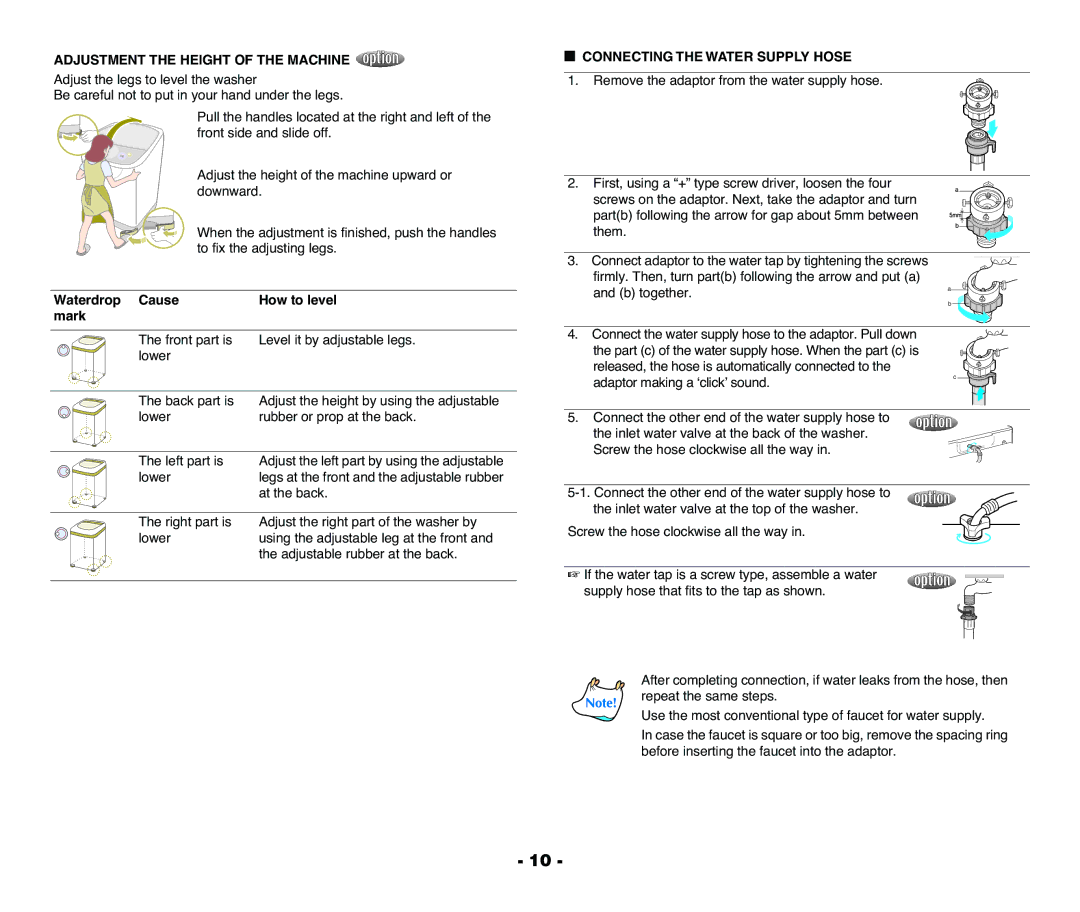 Samsung DC68-01922A user manual Adjustment the Height of the Machine, Waterdrop Cause How to level Mark 