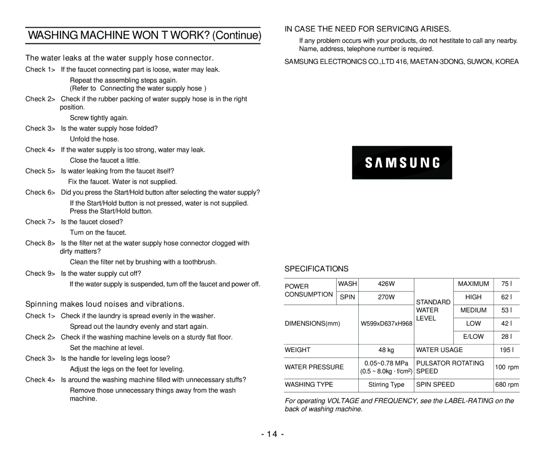 Samsung DC68-01922A user manual Washing Machine WON’T WORK? Continue 