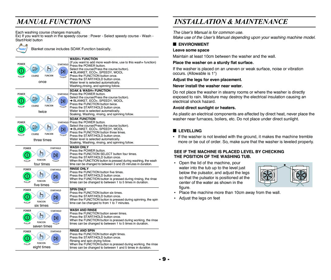 Samsung DC68-01922A Manual Functions, Installation & Maintenance, Place the washer on a sturdy flat surface, Levelling 