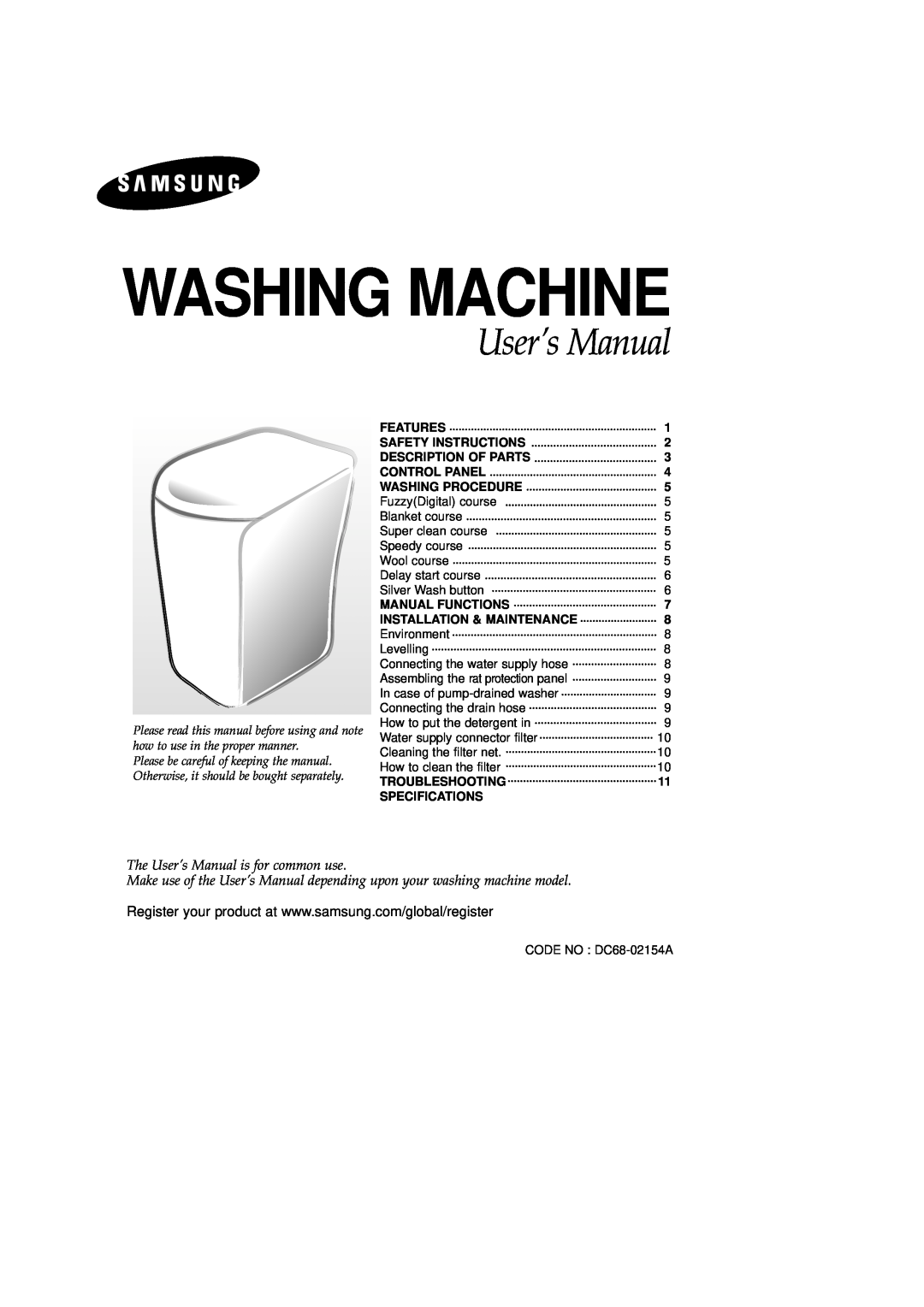 Samsung DC68-02154A user manual The User’s Manual is for common use, Features, Safety Instructions, Description Of Parts 