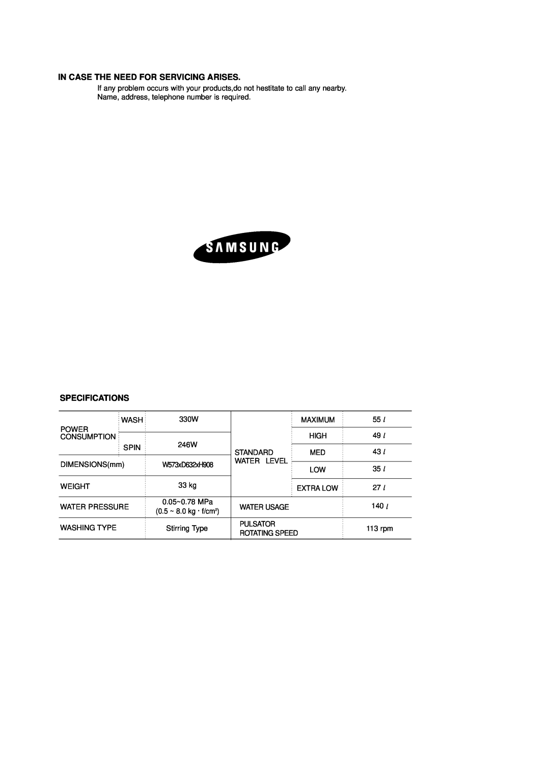Samsung DC68-02154A user manual In Case The Need For Servicing Arises, Specifications 