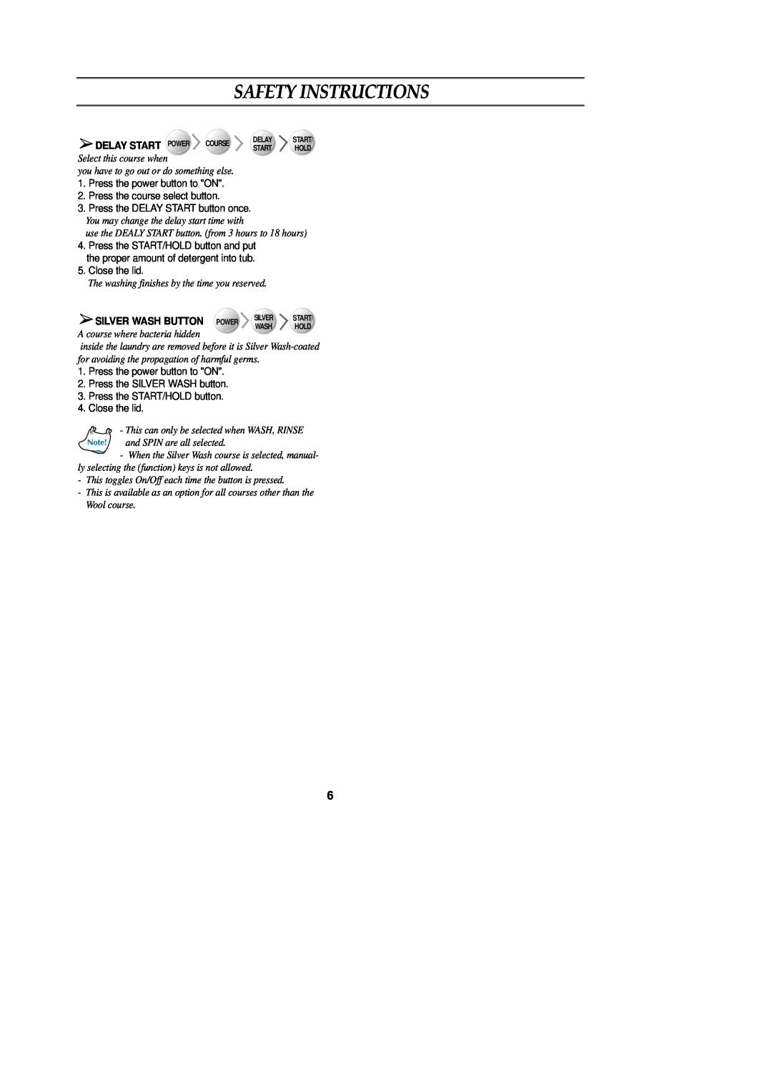 Samsung DC68-02154A user manual Delay Start Power Course, Silver Wash Button, Safety Instructions, Close the lid 