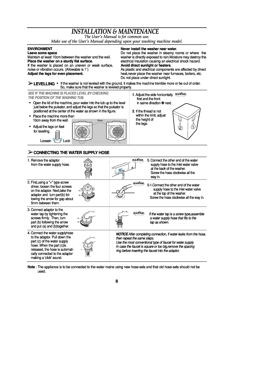Samsung DC68-02154A user manual Installation & Maintenance, Connecting The Water Supply Hose, Environment, Leave some space 