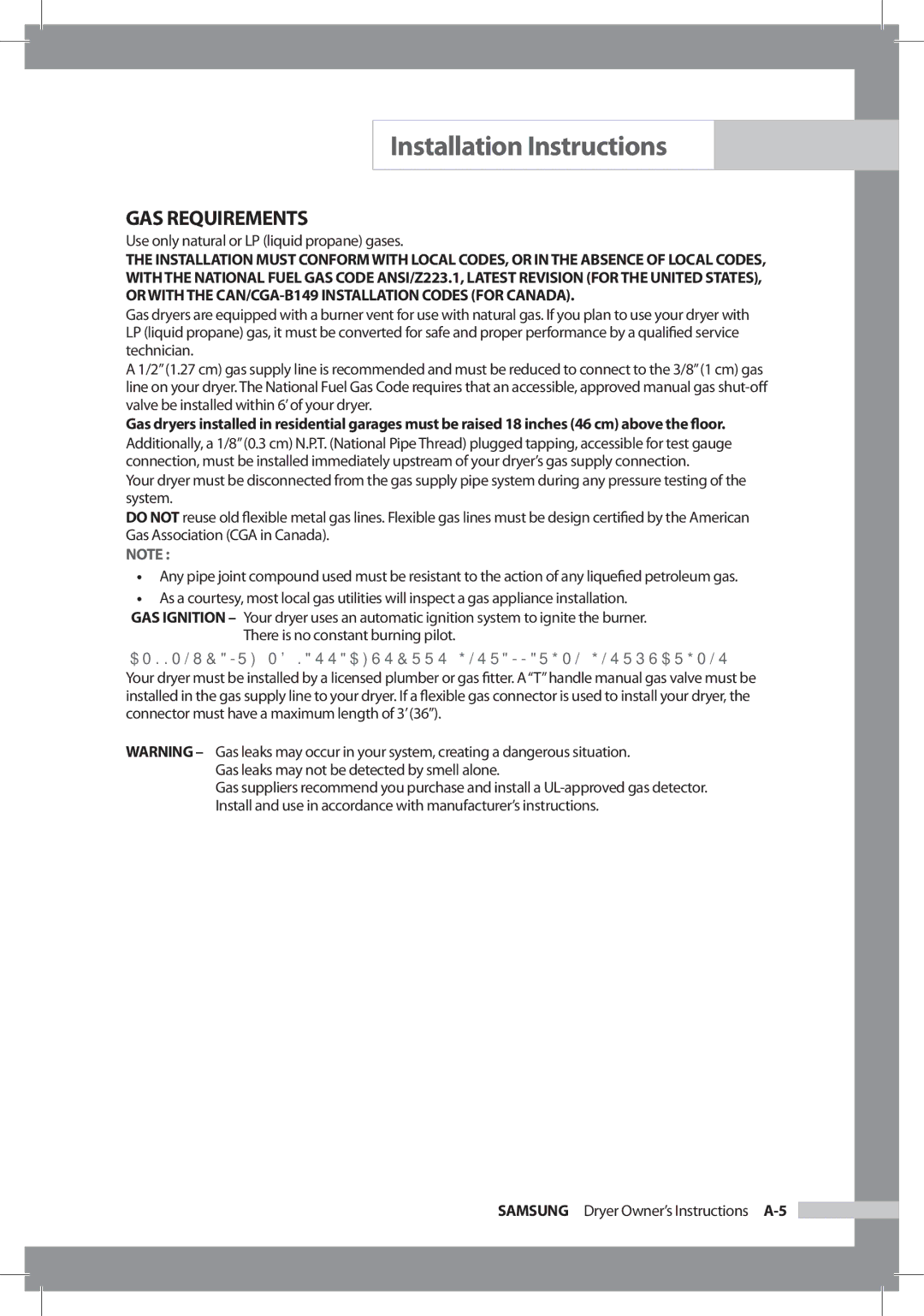 Samsung DC68-02312A-04 owner manual GAS Requirements, Use only natural or LP liquid propane gases 