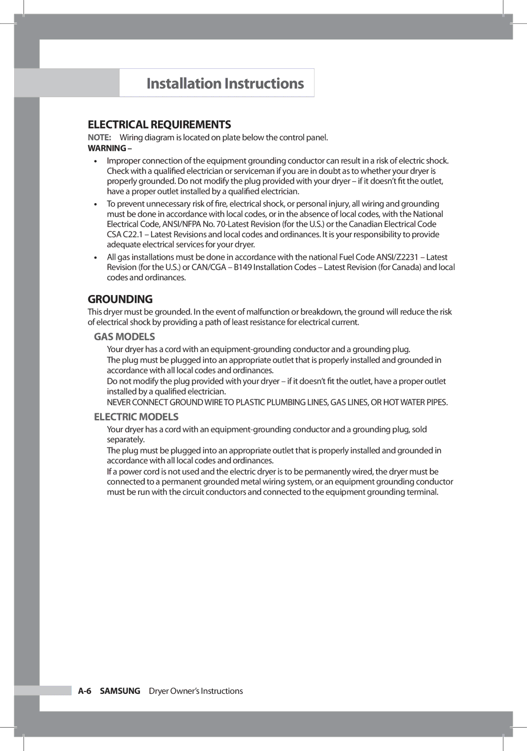 Samsung DC68-02312A-04 owner manual Electrical Requirements, Grounding 