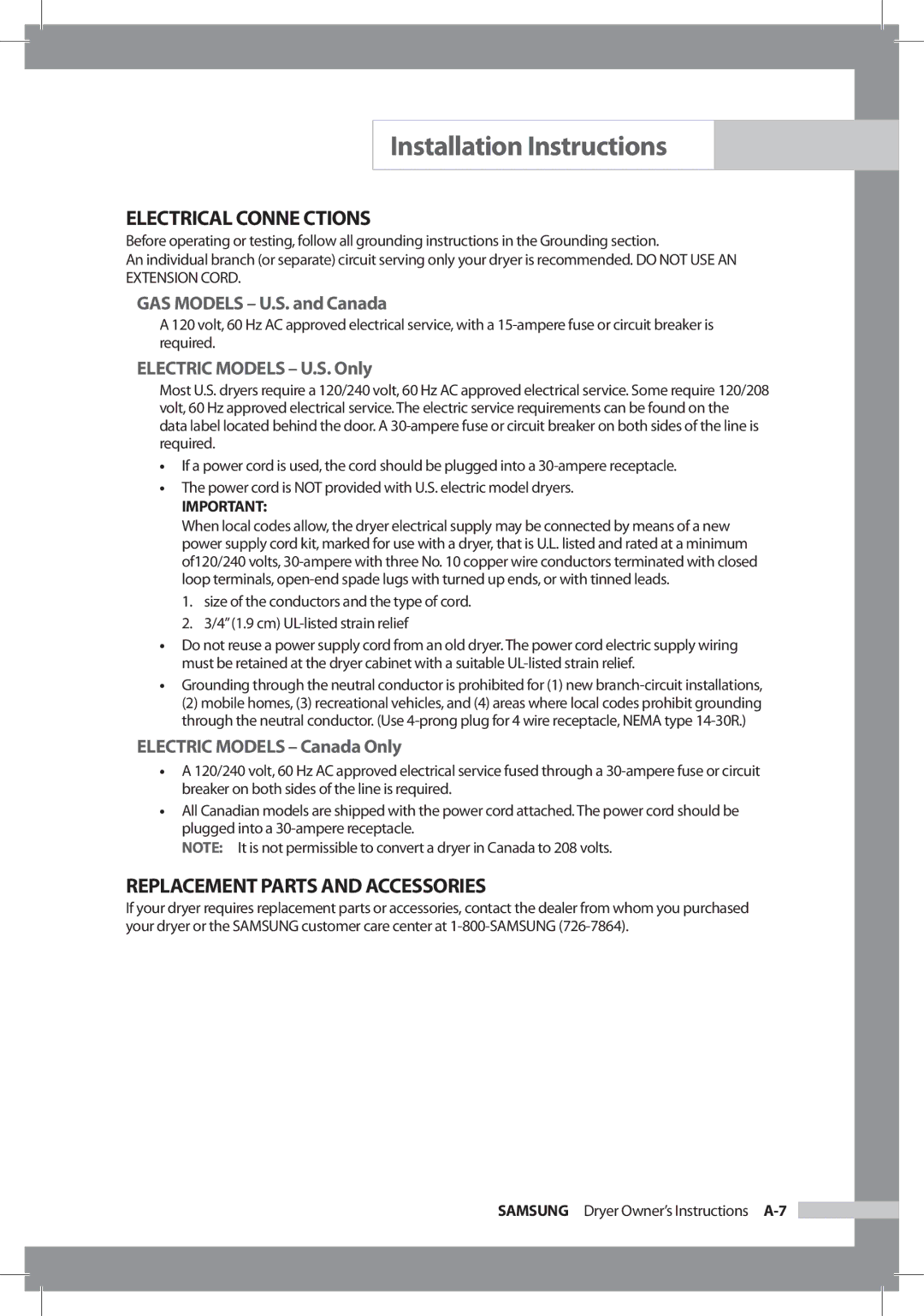 Samsung DC68-02312A-04 owner manual Electrical Conne Ctions, Replacement Parts and Accessories 