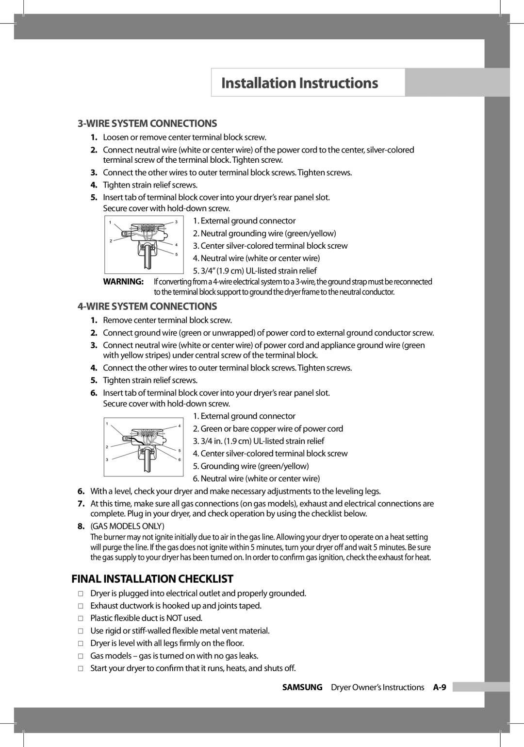 Samsung DC68-02312A-04 owner manual Final Installation Checklist, Wire System Connections 