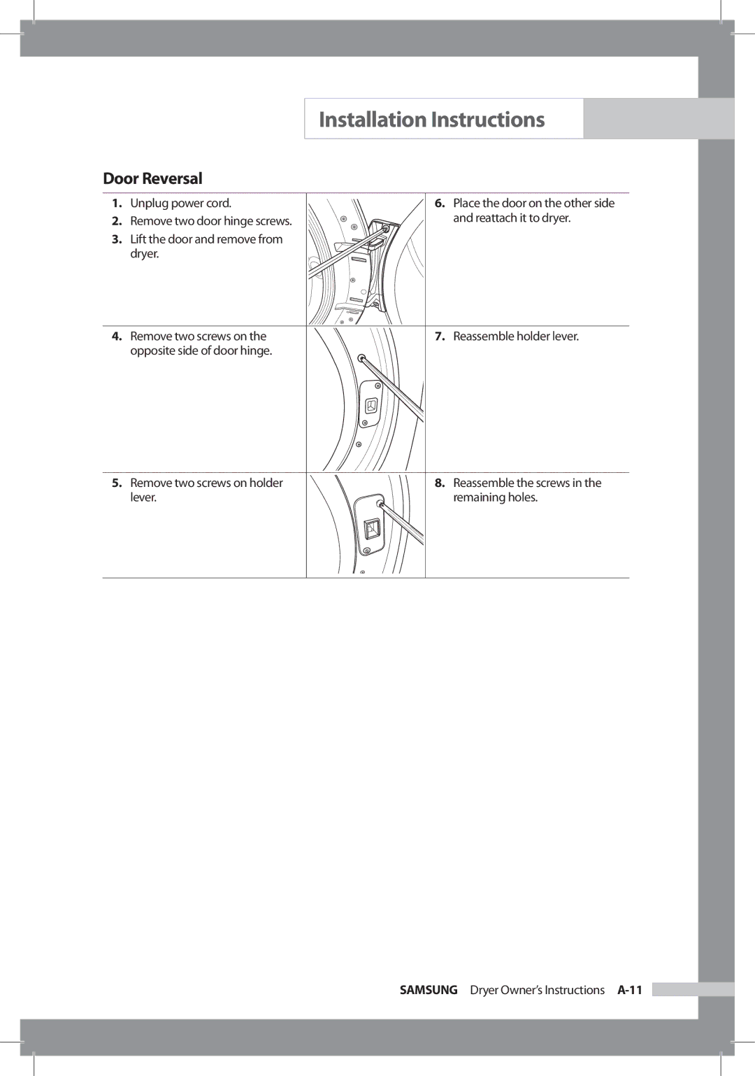 Samsung DC68-02312A-04 owner manual Door Reversal 