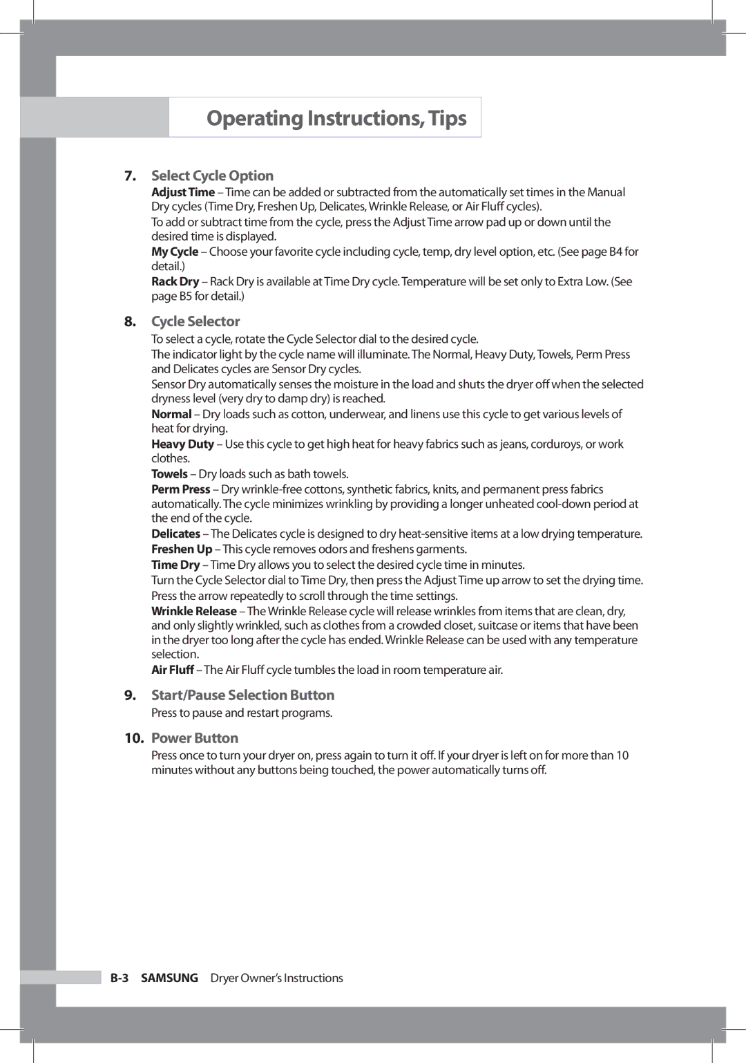 Samsung DC68-02312A-04 owner manual Start/Pause Selection Button 