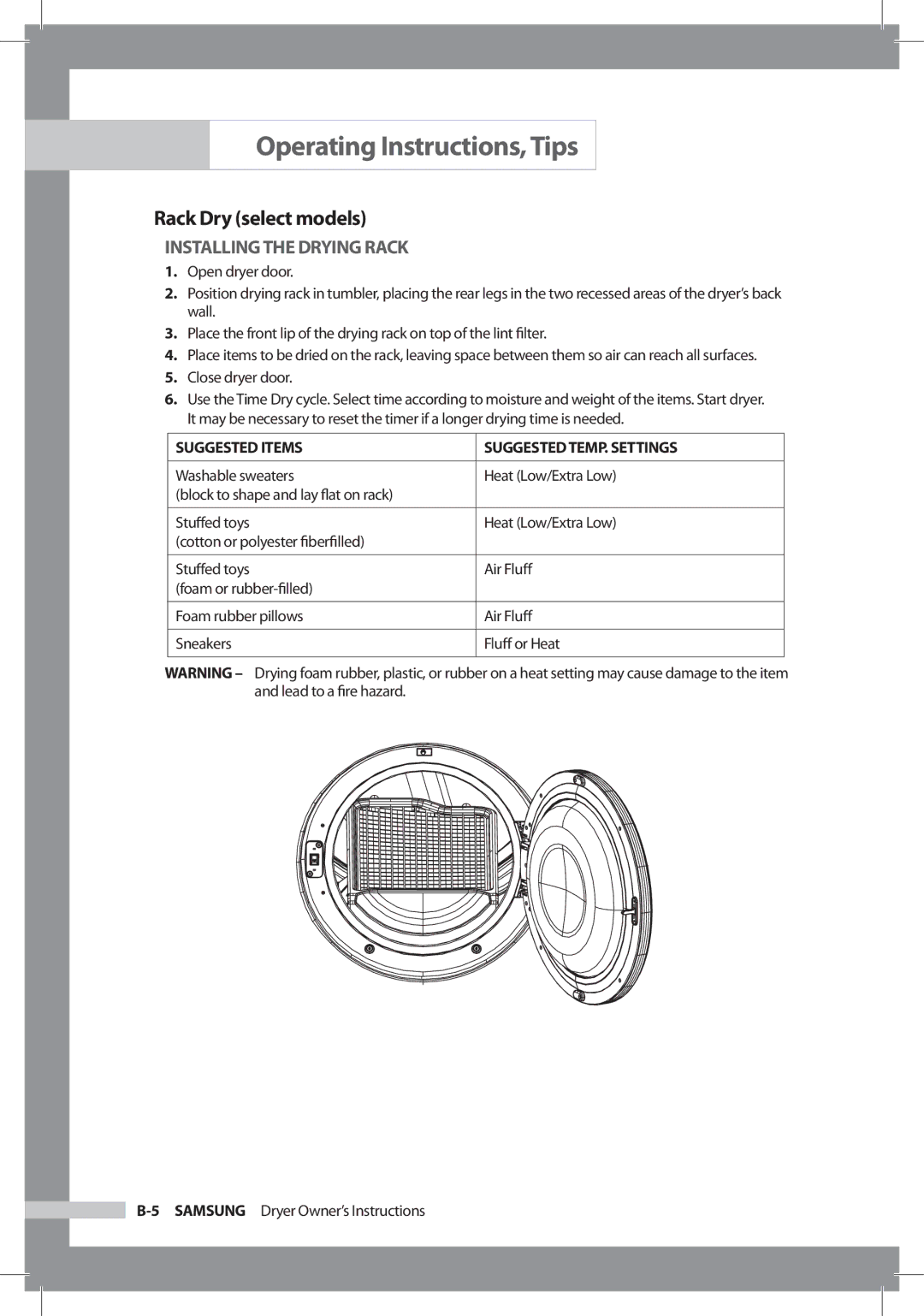 Samsung DC68-02312A-04 owner manual Rack Dry select models, Installing the Drying Rack 