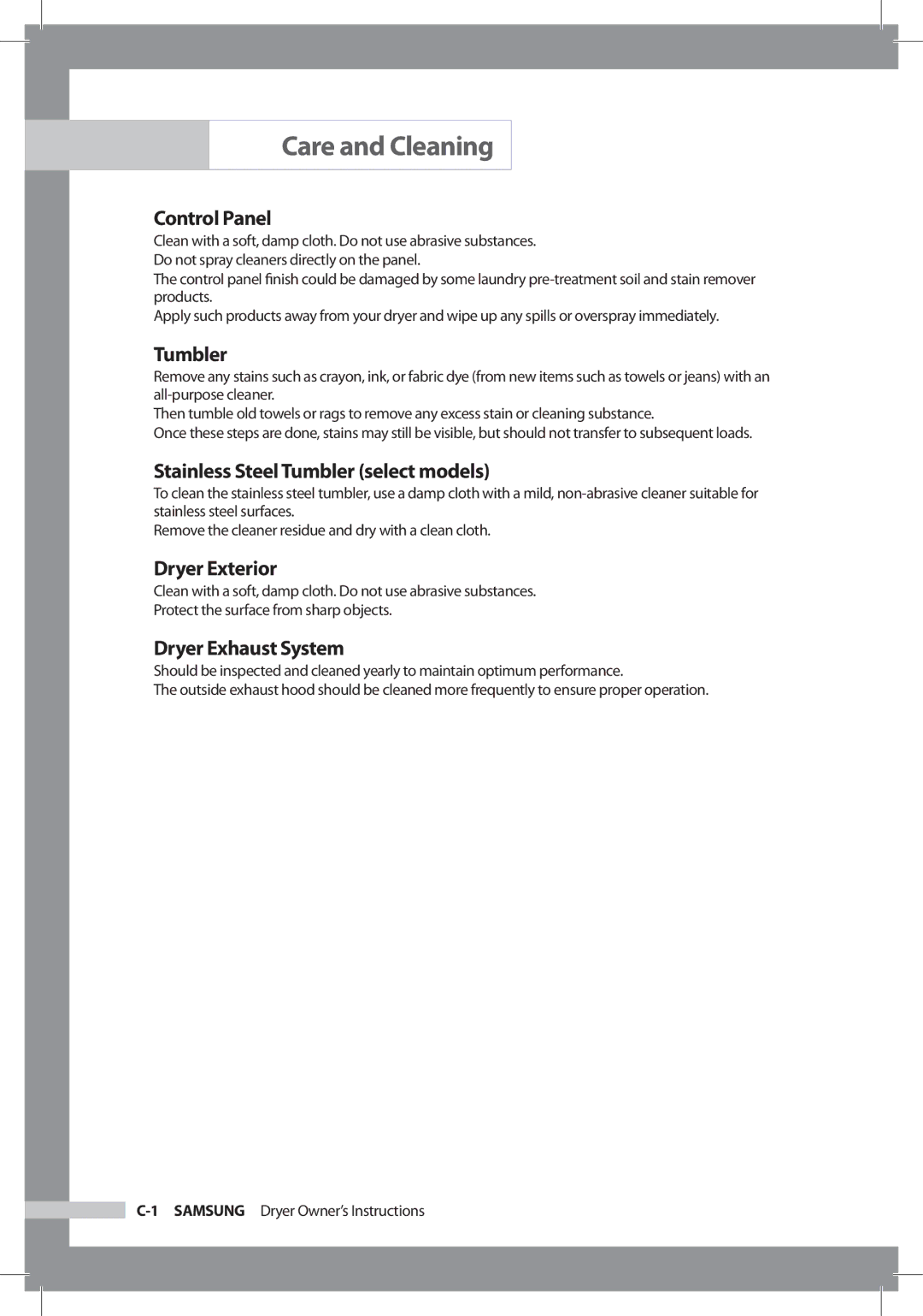 Samsung DC68-02312A-04 owner manual Care and Cleaning 