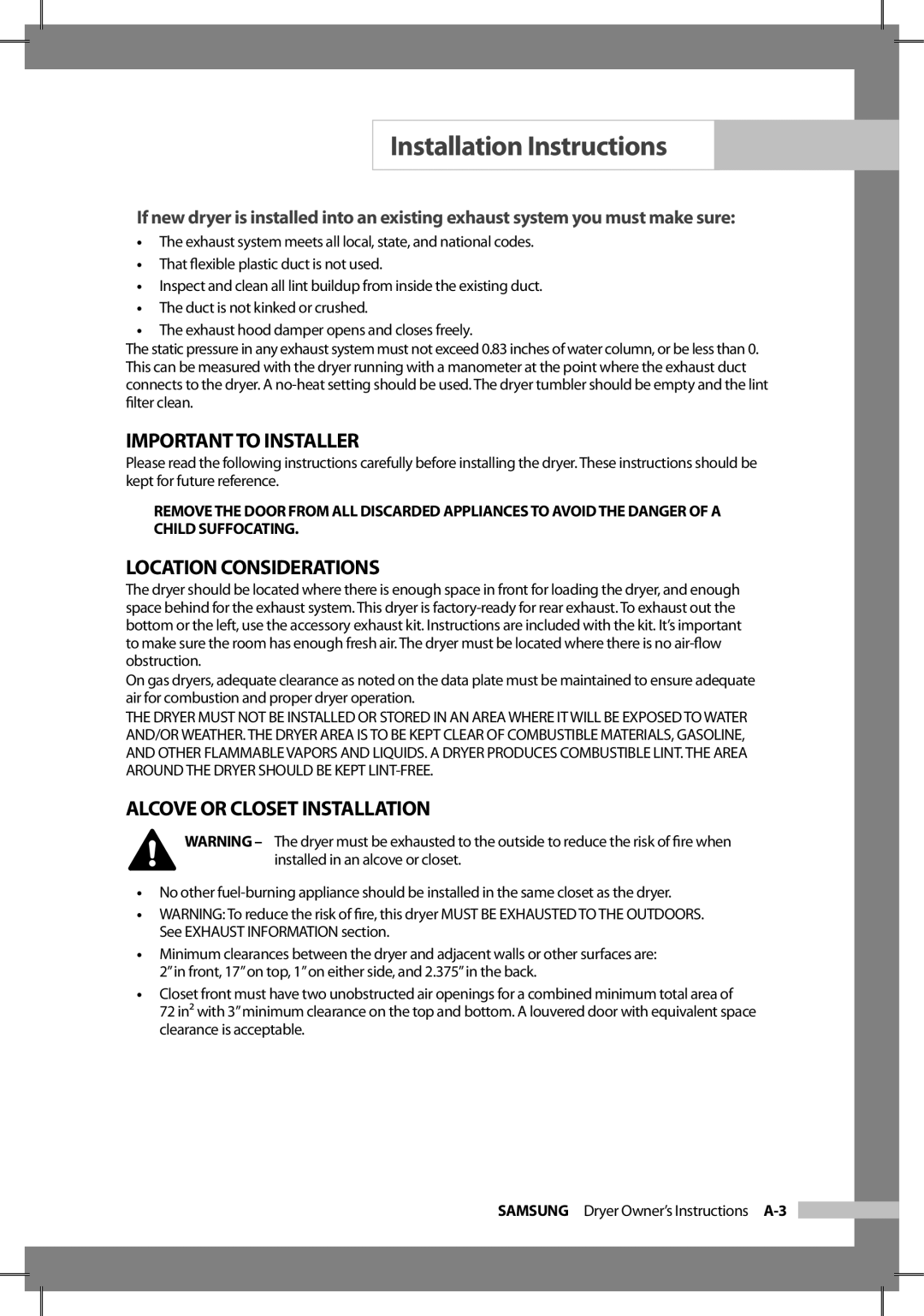 Samsung DC68-02312A-04 owner manual Important to Installer, Location Considerations, Alcove or Closet Installation 