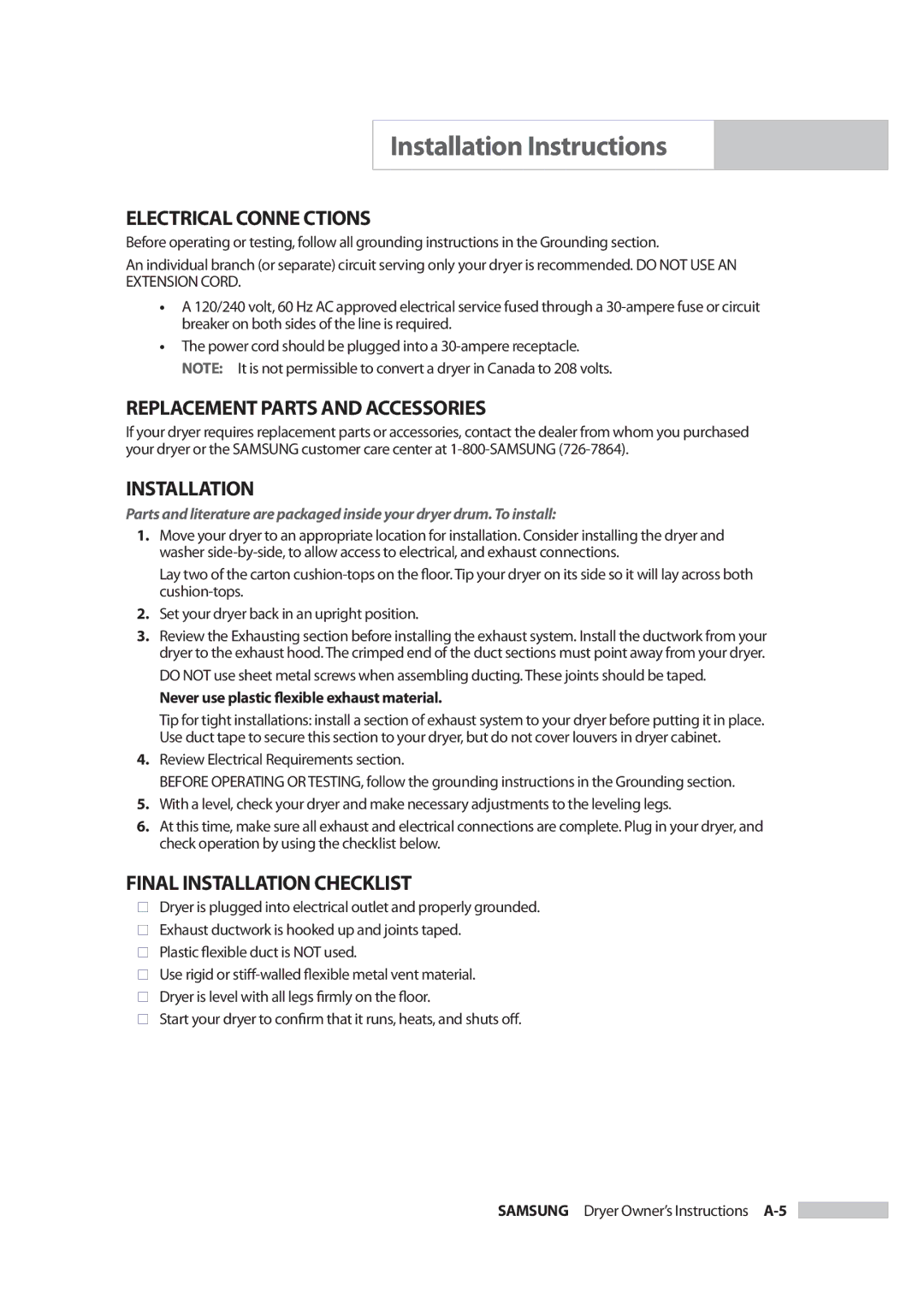 Samsung DC68-02347B-05 owner manual Electrical Conne Ctions, Replacement Parts and Accessories, Installation 