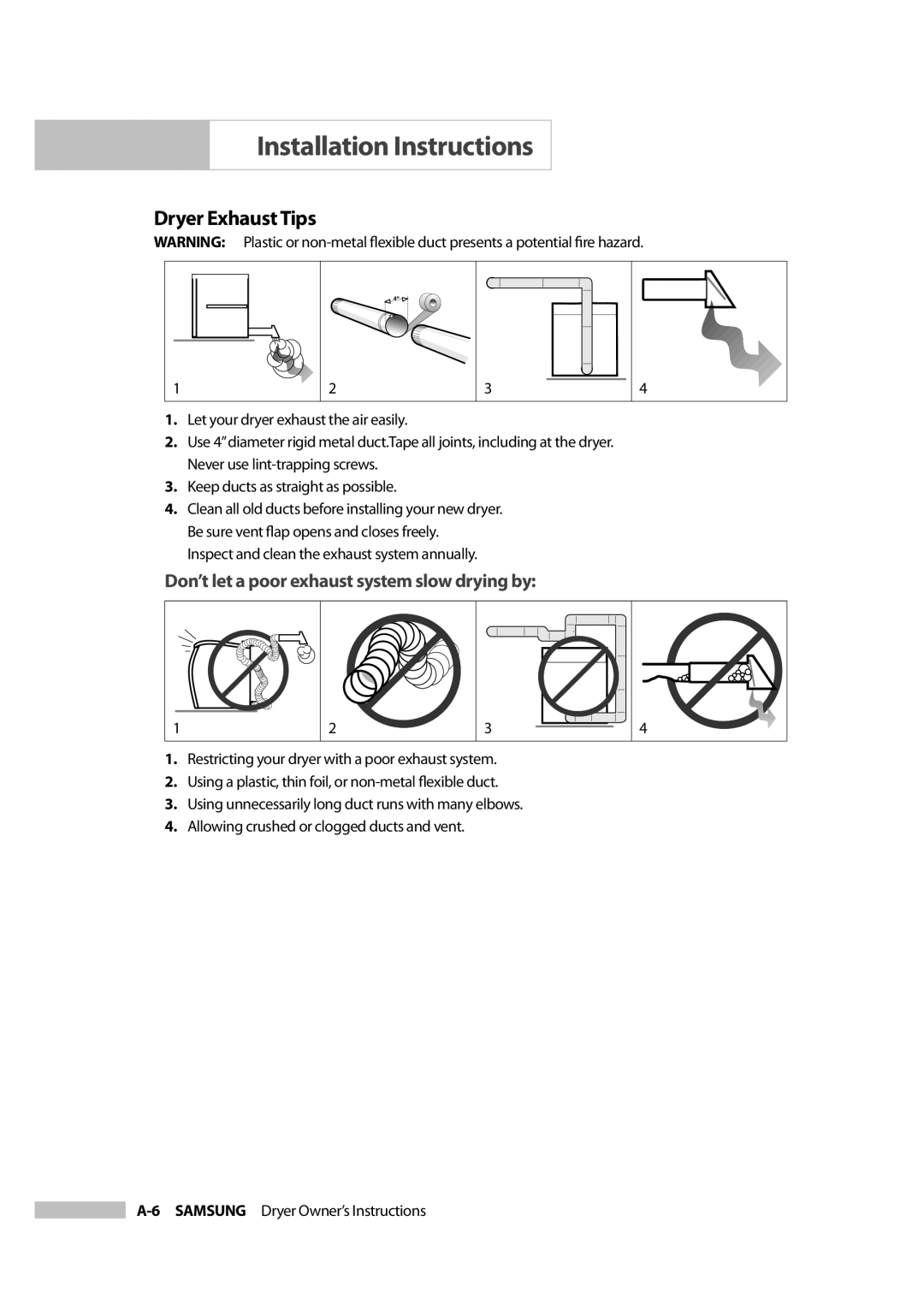 Samsung DC68-02347B-05 owner manual Dryer Exhaust Tips, Don’t let a poor exhaust system slow drying by 