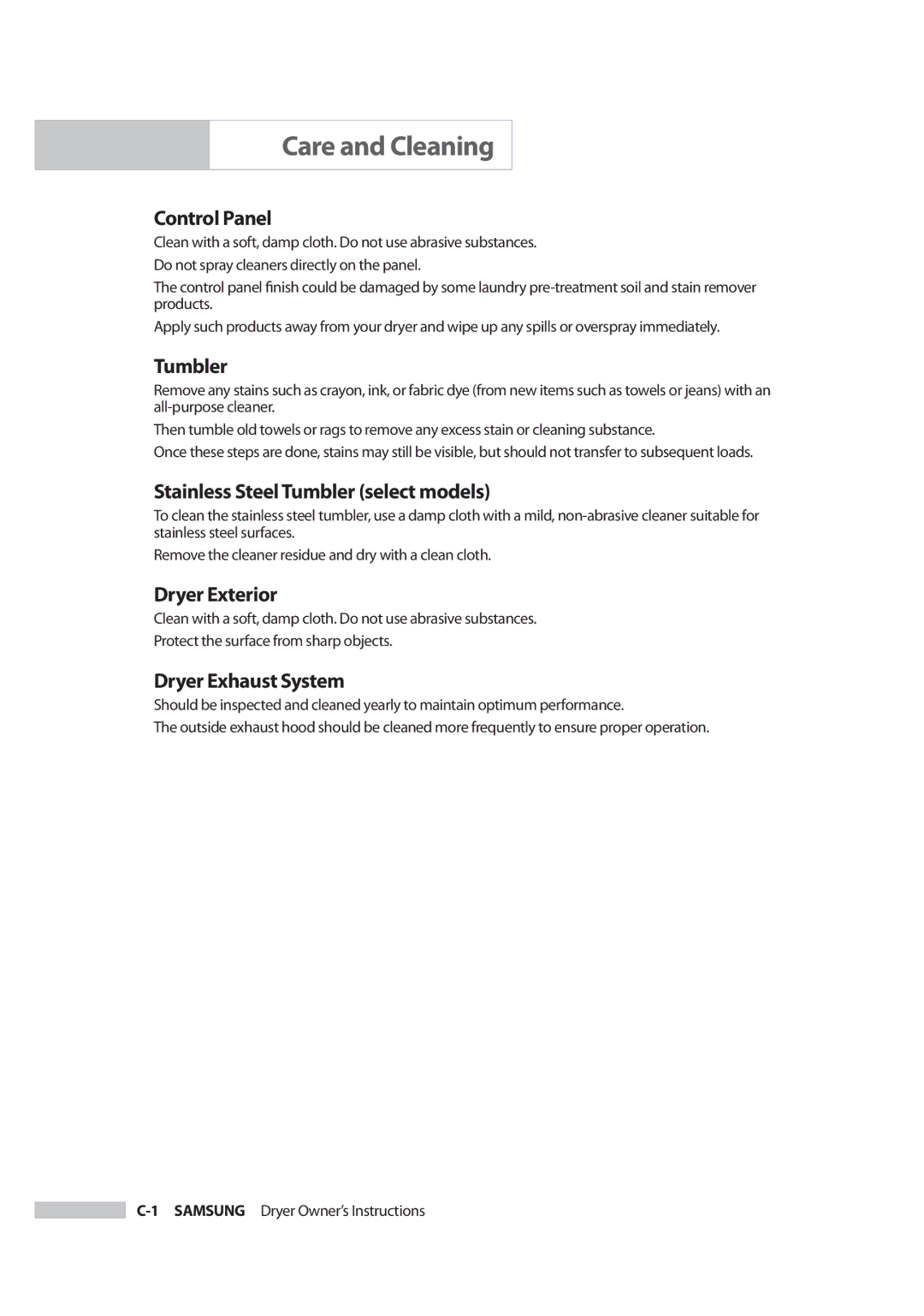 Samsung DC68-02347B-05 owner manual Care and Cleaning 