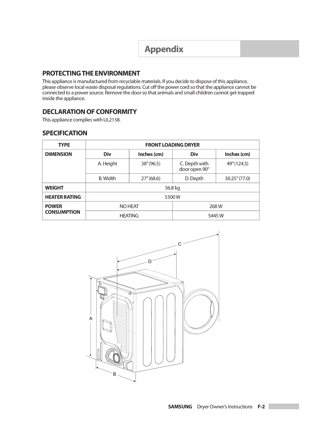 Samsung DC68-02347B-05 owner manual Protecting the Environment, Declaration of Conformity, Specification, Div, Inches cm 