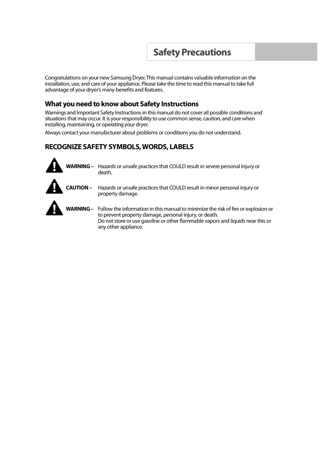 Samsung DC68-02347B-05 owner manual Safety Precautions, What you need to know about Safety Instructions 