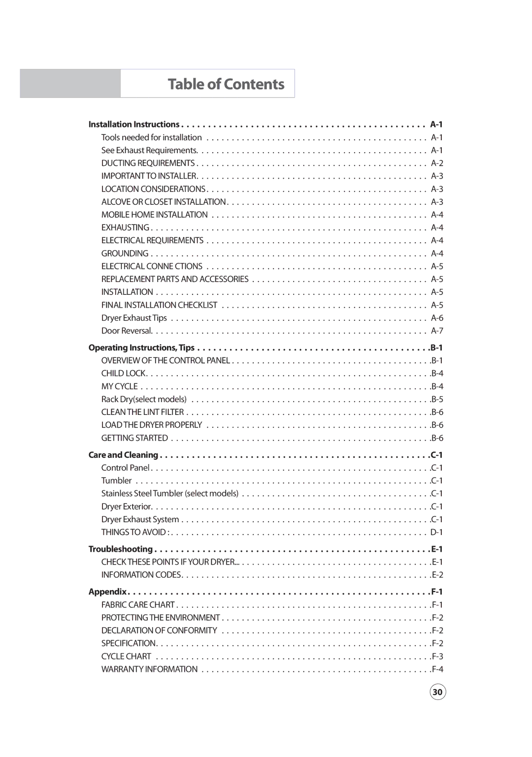 Samsung DC68-02347B-05 owner manual Table of Contents 