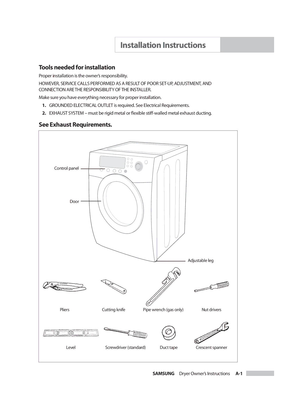 Samsung DC68-02347B-05 owner manual Installation Instructions, Tools needed for installation, See Exhaust Requirements 