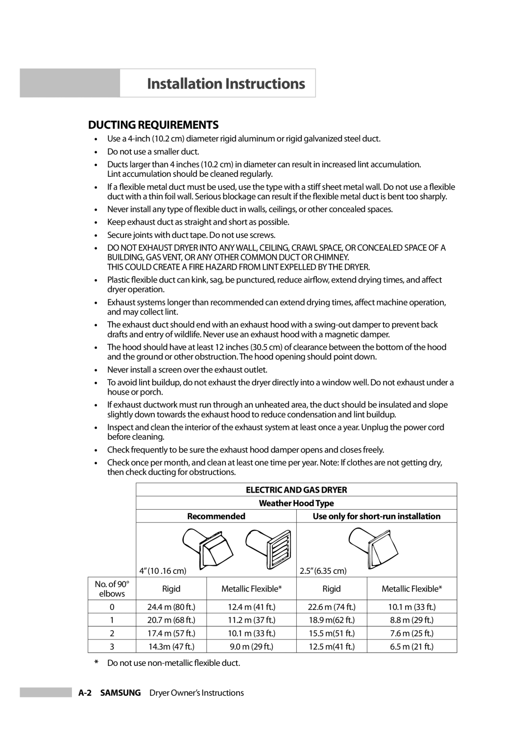 Samsung DC68-02347B-05 owner manual Ducting Requirements, Weather Hood Type, Recommended 