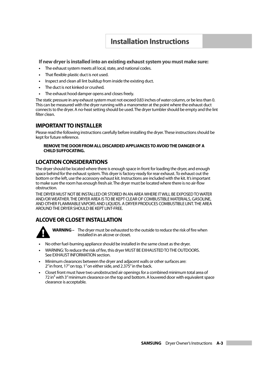 Samsung DC68-02347B-05 owner manual Important to Installer, Location Considerations, Alcove or Closet Installation 