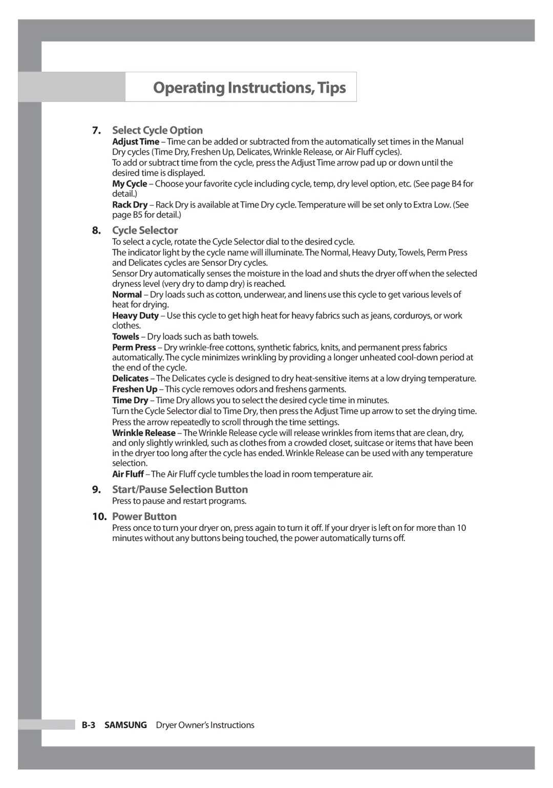 Samsung DC68-02347B-EN owner manual Start/Pause Selection Button 