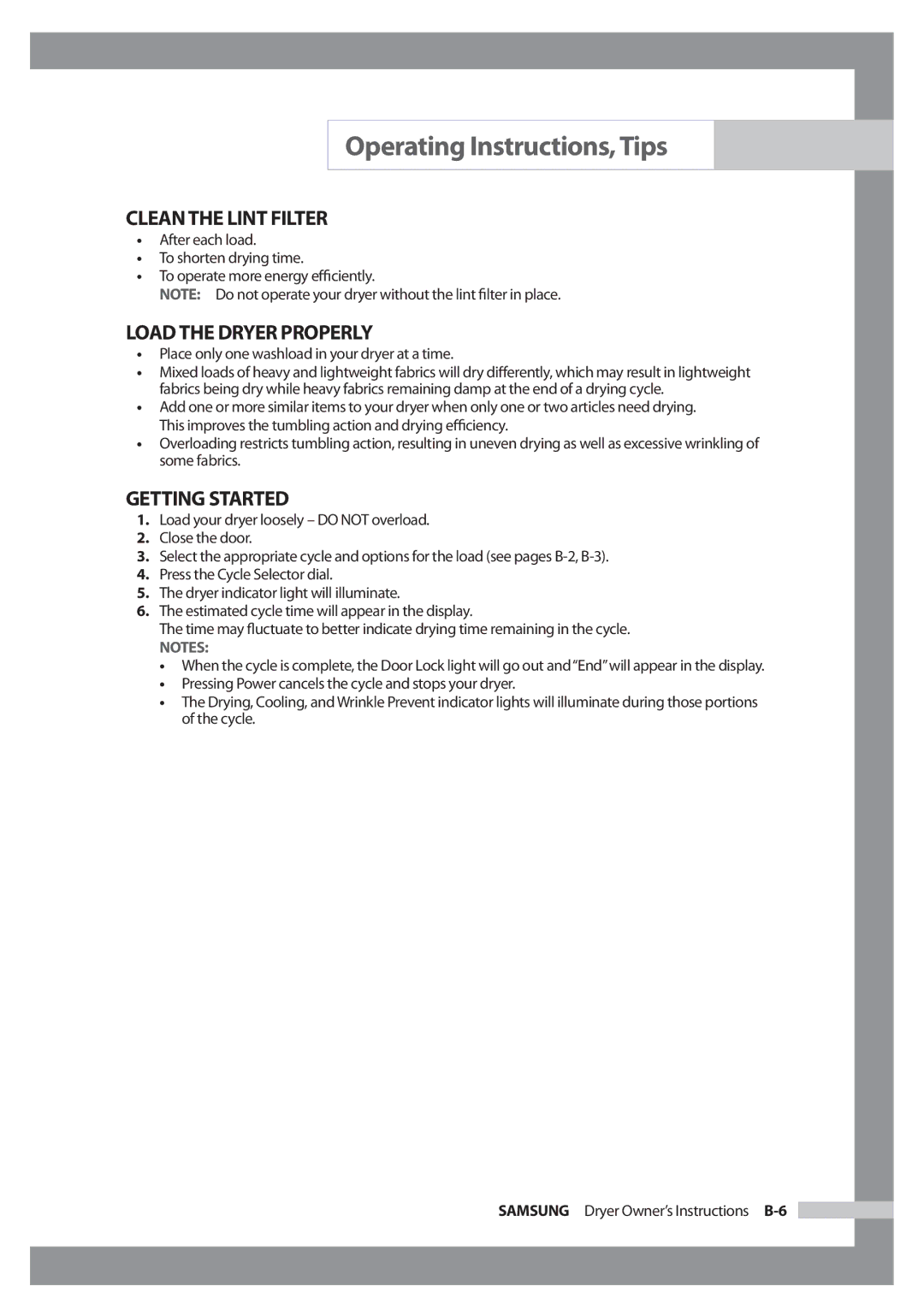 Samsung DC68-02347B-EN owner manual Clean the Lint Filter, Load the Dryer Properly, Getting Started 