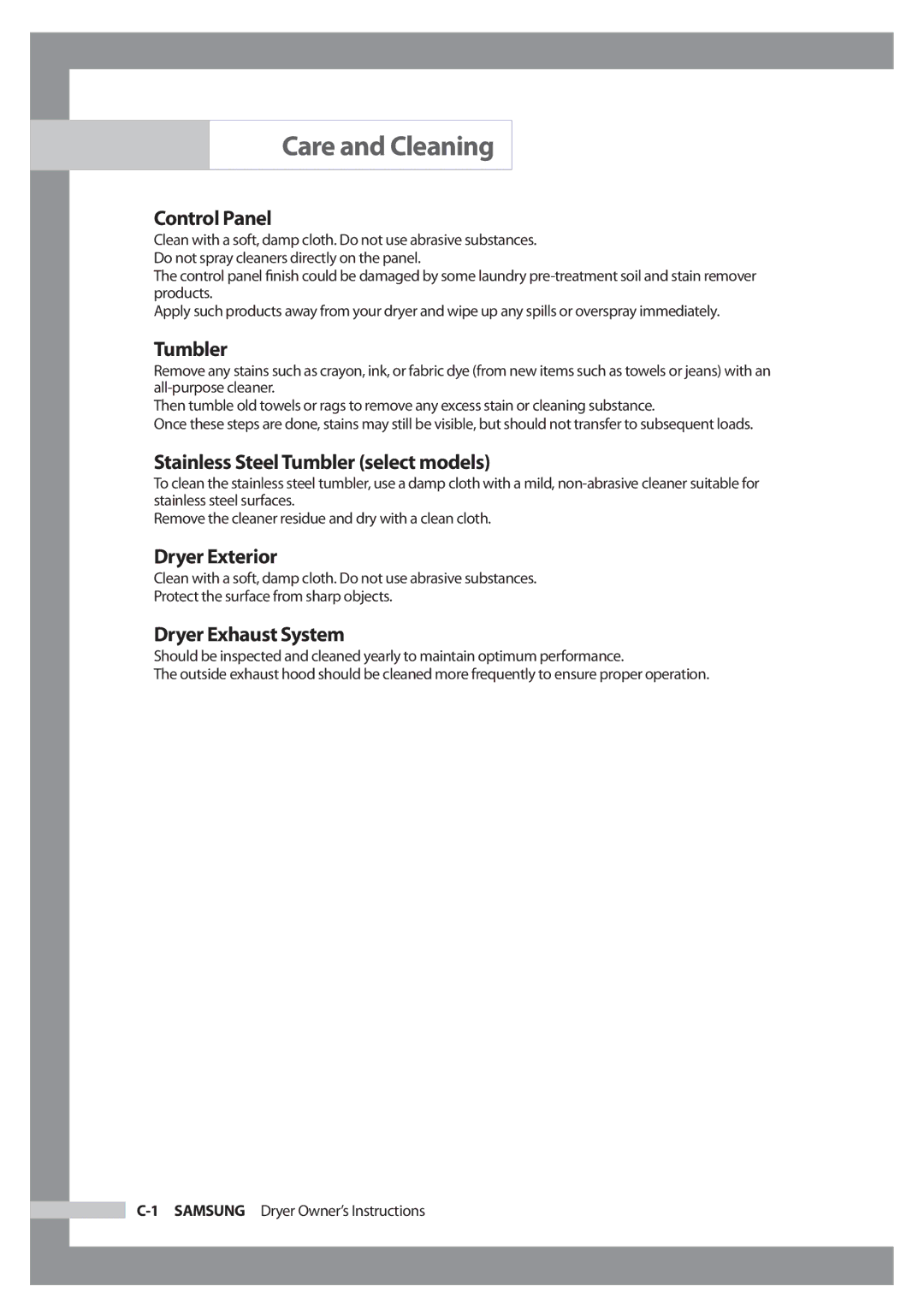 Samsung DC68-02347B-EN owner manual Care and Cleaning 