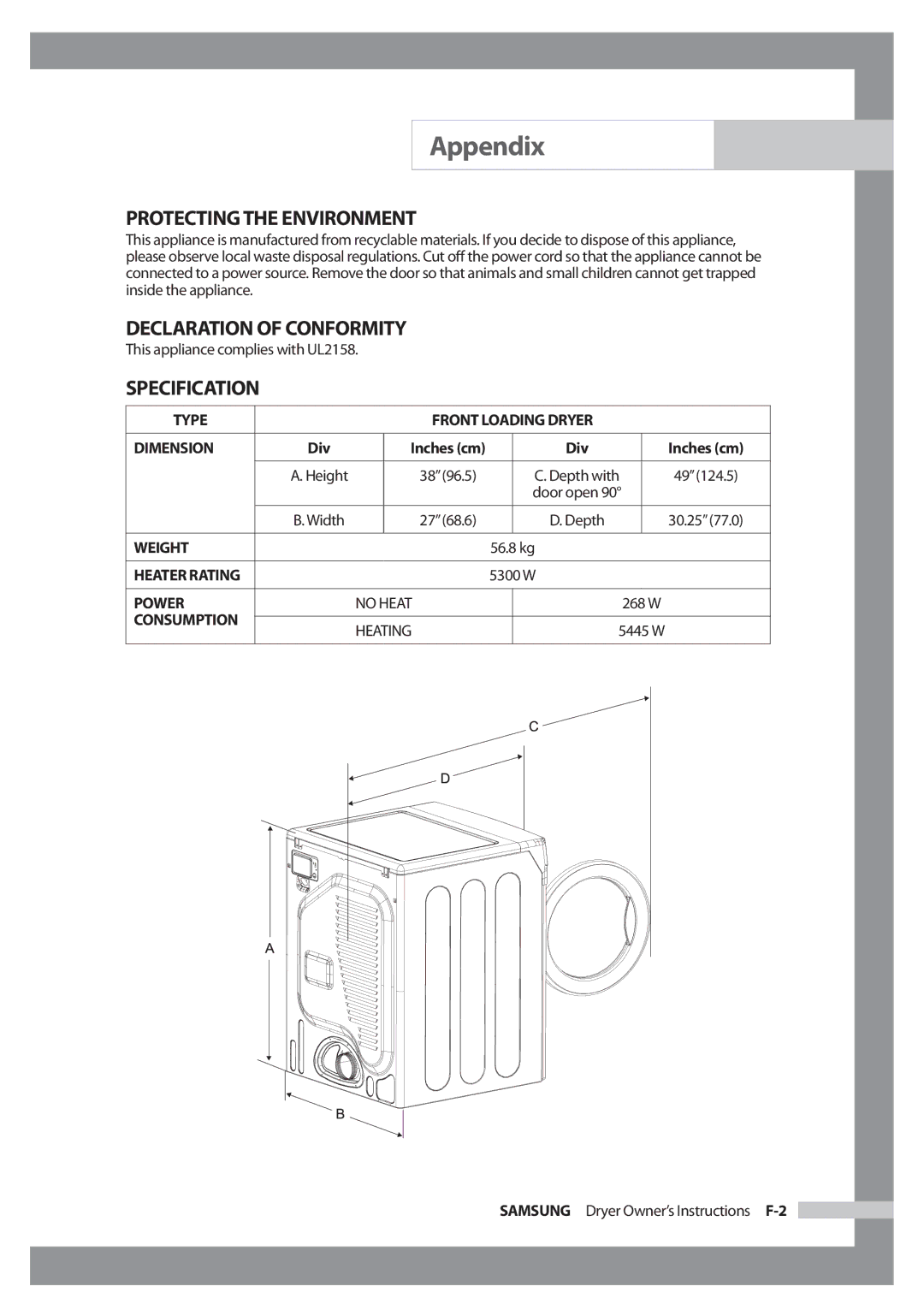 Samsung DC68-02347B-EN owner manual Protecting the Environment, Declaration of Conformity, Specification, Div, Inches cm 