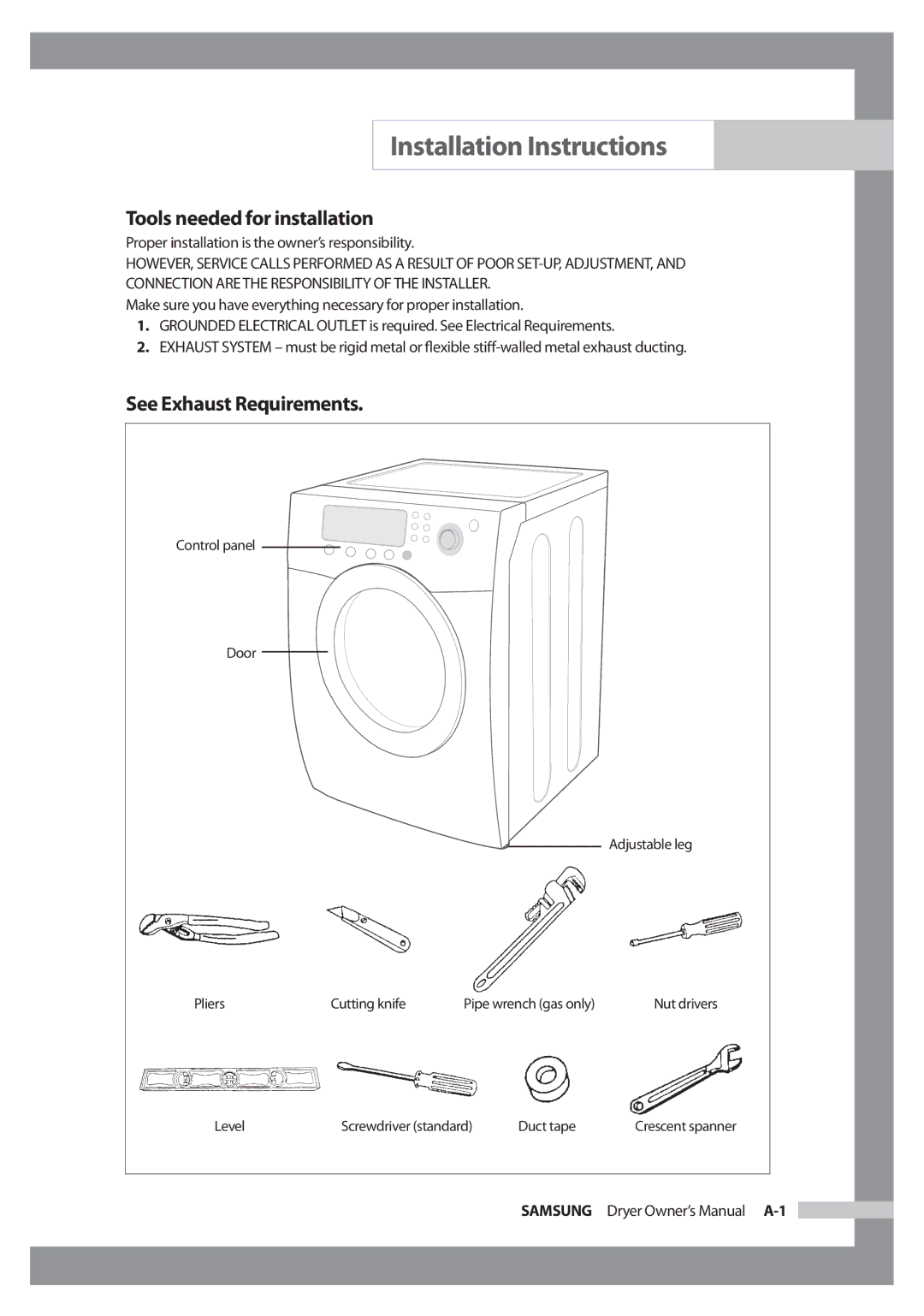 Samsung DC68-02347B-EN owner manual Installation Instructions, Tools needed for installation, See Exhaust Requirements 