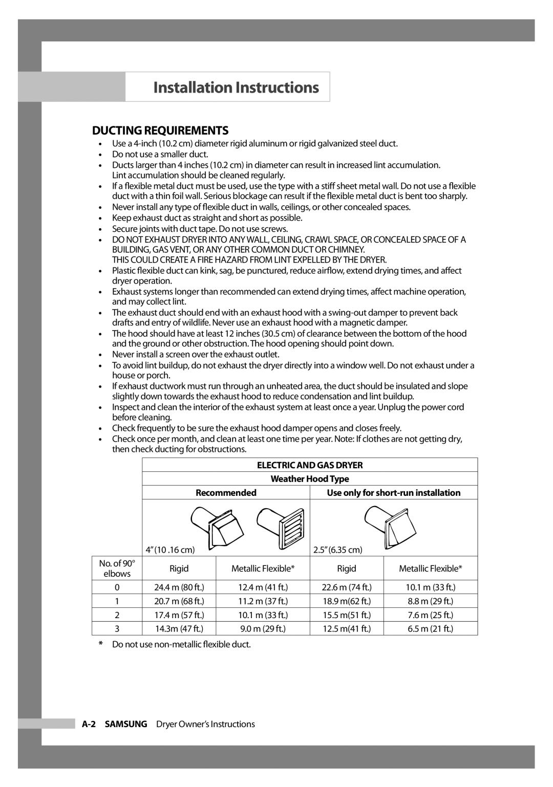 Samsung DC68-02347B-EN owner manual Ducting Requirements, 10 .16 cm 6.35 cm 