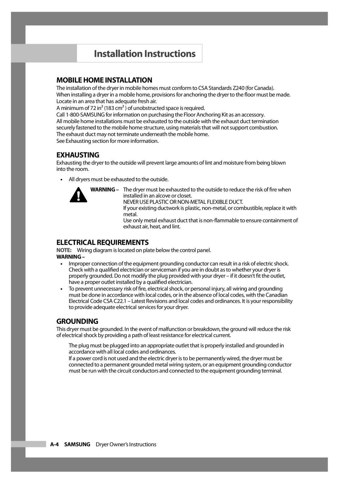 Samsung DC68-02347B-EN owner manual Mobile Home Installation, Exhausting, Electrical Requirements, Grounding 